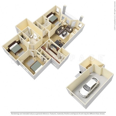 Floor plan for 3 beds, 2 baths, 1416 sqft